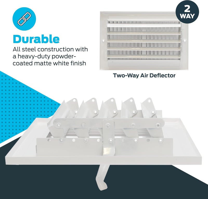 EZFLO 10 x 6 Inch (Duct Opening) Air Vent Cover for Wall or Ceiling, Two-Way Ventilation Register, Solid Steel HVAC Register Cover, White, 61610 - Image 5